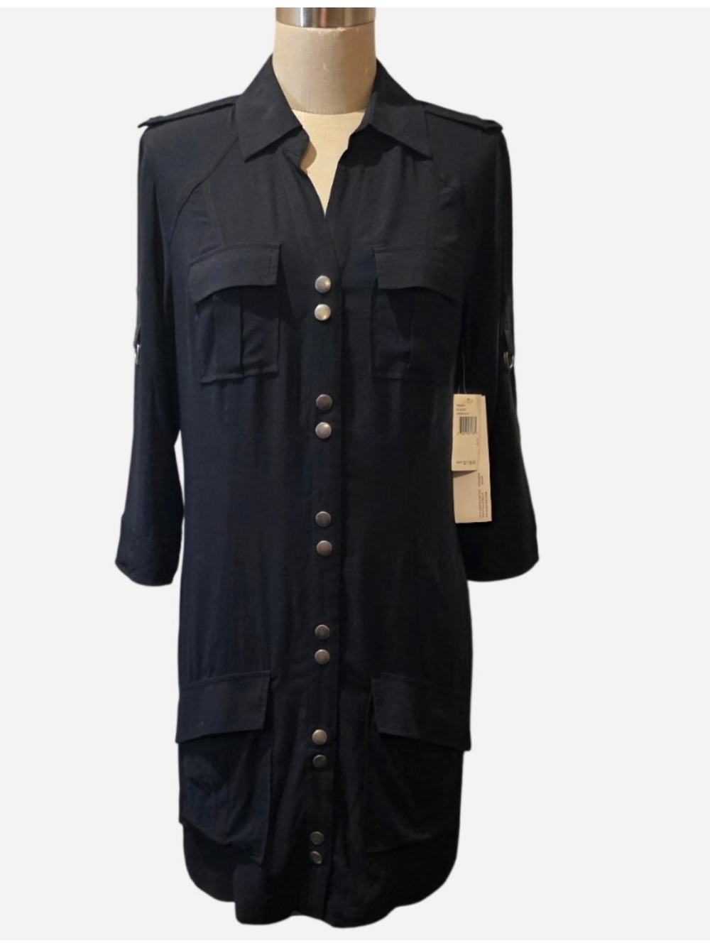Kensie Black Mini Shirt Dress with Button-Up Front. 4-pocket Detail.  NWT.  Sz S